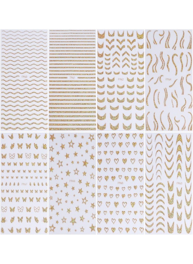 TOGZOM Gold Nail Art Stickers 3D Self-Adhesive Nail Decals French Glitter Line Nail Stickers Stripe Butterfly Star Heart Designs Nail Supplies for Women DIY Acrylic Nail Decoration Accessories 8 Sheet - Image 2
