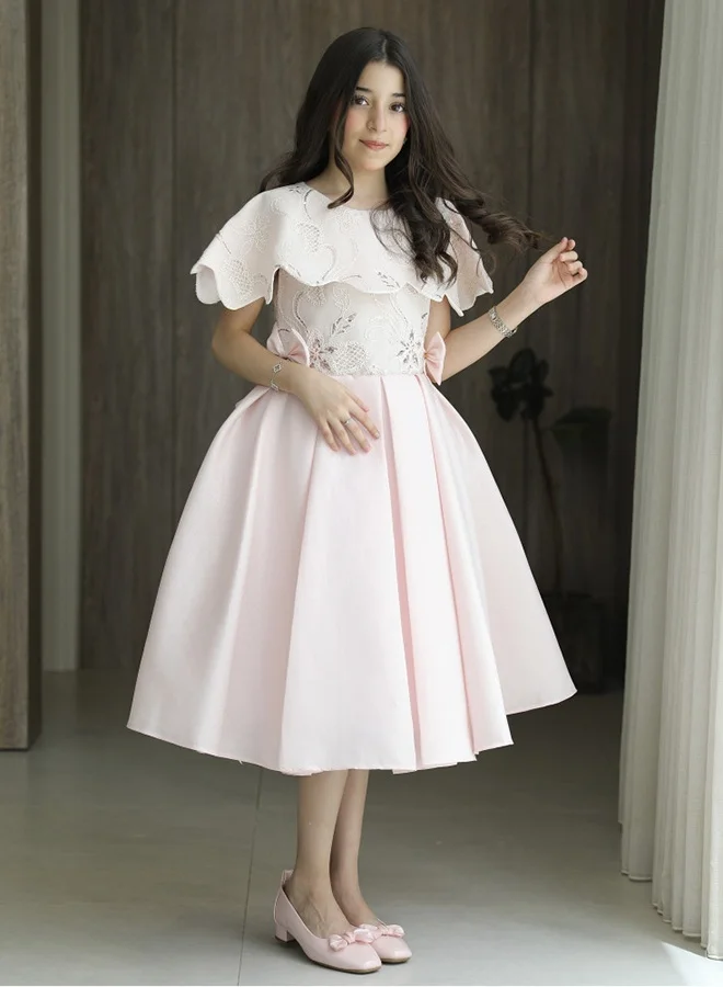 HAWRAA ABAYA Elegant Pink Girls’ Dress with Embroidered Royal Off-Shoulder Neckline – Inspired by Luxurious Russian Couture