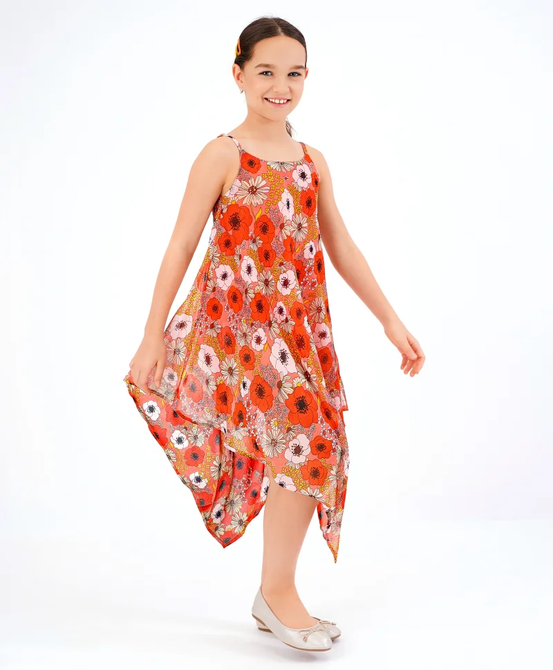 Primo Gino Primo Gino Singlet Sleeves Asymmetrical Frock Floral Print - Orange