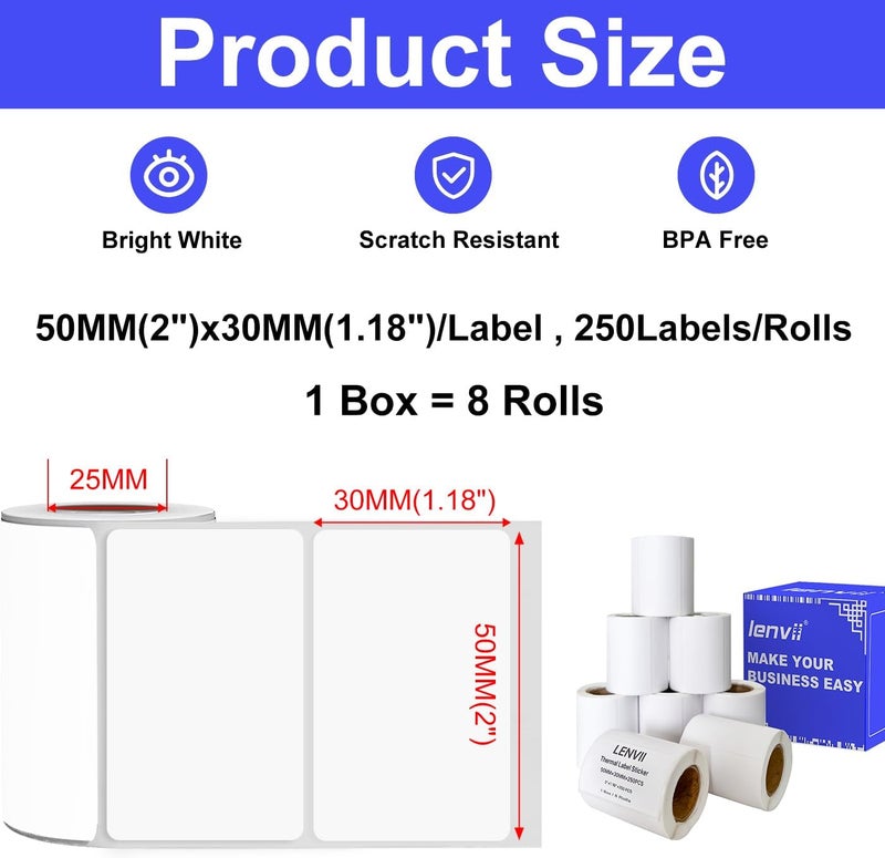 LENVII 50x30mm (2"x1.18") Thermal Labels 2000 Sheets - 8 Rolls × 250 Labels, 3-Proof (Water/Oil/Scratch) Multi-Use Adhesive Stickers for Address/Barcode/FNSKU Tags -Home/Office/Product/Gift Labeling - Image 2