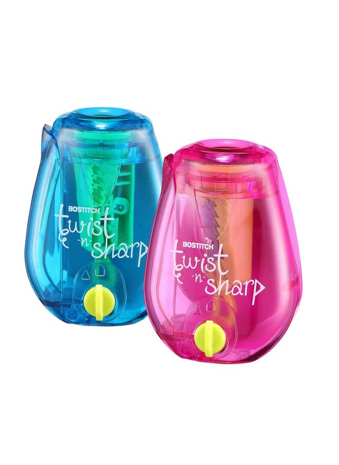 Bostitch - Twist-N-Sharp Pencil Sharpener, 2-Pack, For Kids & Colored Pencils, Assorted Colors (Ps1-Adj-2Pk) - Image 1