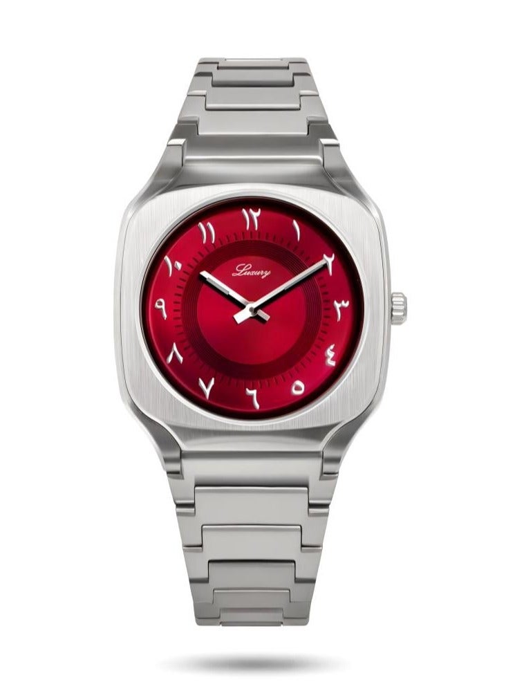 ساعة يد رجالية ستيل شكل دي ون ميلانو أرقام عربية ضد الماء وبجوة عالية سوار فضي مع ميناء أحمر