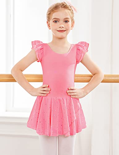 Arshiner Girls Ruffle Sleeve Ballet Dance Dress Glitter Tutu Skirted Leotard, 3-4 Years, Pink - Image 2
