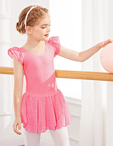 Arshiner Girls Ruffle Sleeve Ballet Dance Dress Glitter Tutu Skirted Leotard, 3-4 Years, Pink - Image 3