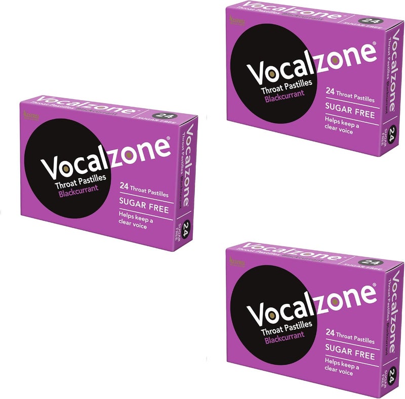 Vocalzone Throat Pastilles Blackcurrant Sugar Free 3 Packs 24 for Sore Throats and Hoarseness When Overusing Your Voice Produced and Sold in The United Kingdom Since 1912 - Image 1