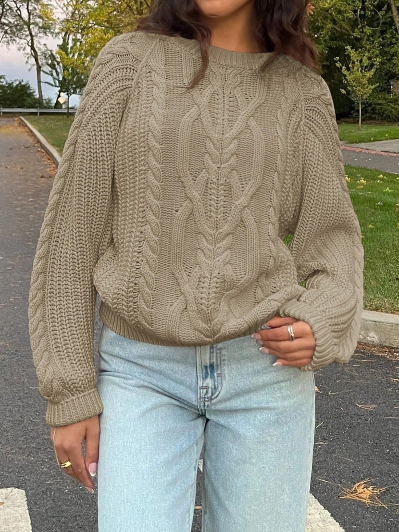 Cicy Bell Womens Oversized Cable Knit Sweaters Crew Neck Long Sleeve Fall Chunky Pullover Casual Loose Fit Sweater Tops Khaki - Image 3