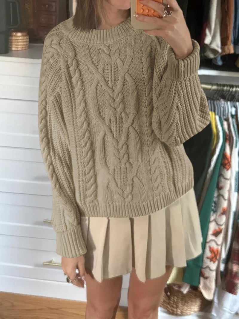 Cicy Bell Womens Oversized Cable Knit Sweaters Crew Neck Long Sleeve Fall Chunky Pullover Casual Loose Fit Sweater Tops Khaki - Image 4