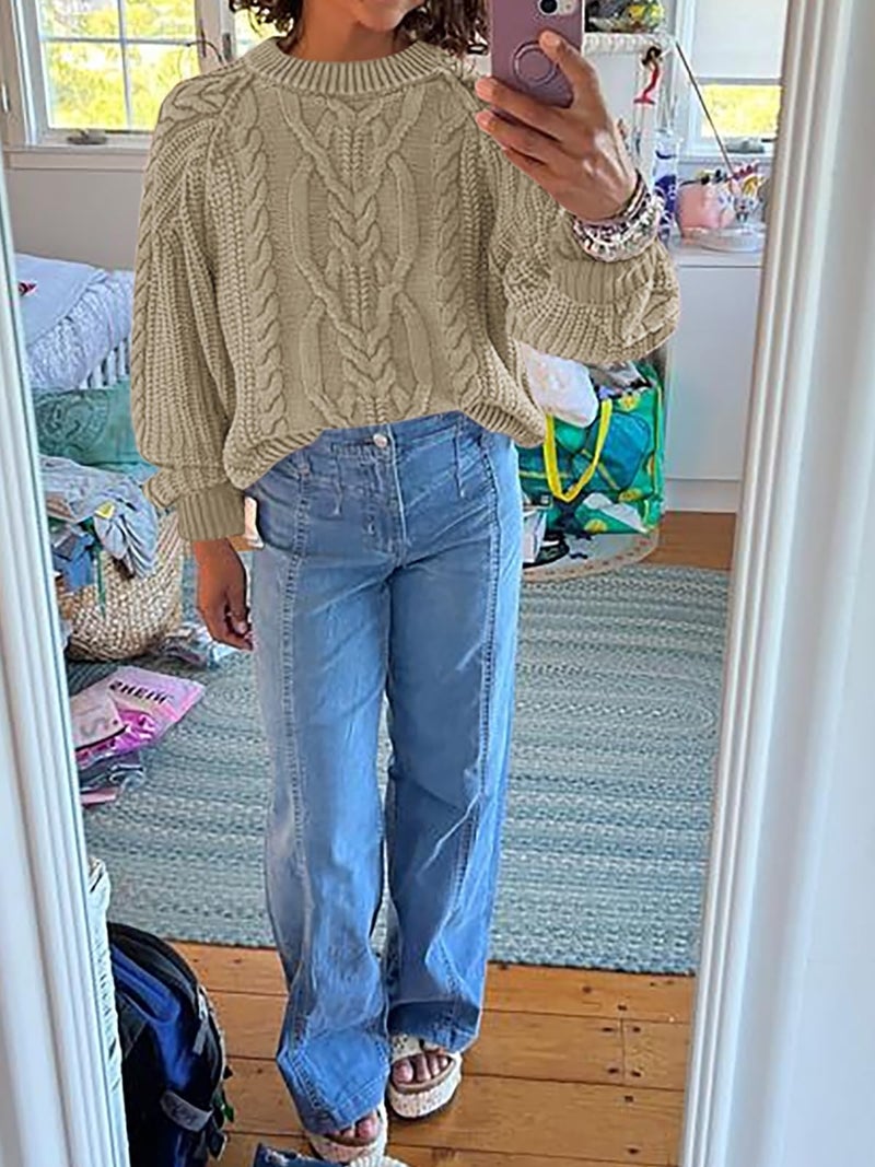 Cicy Bell Womens Oversized Cable Knit Sweaters Crew Neck Long Sleeve Fall Chunky Pullover Casual Loose Fit Sweater Tops Khaki - Image 5
