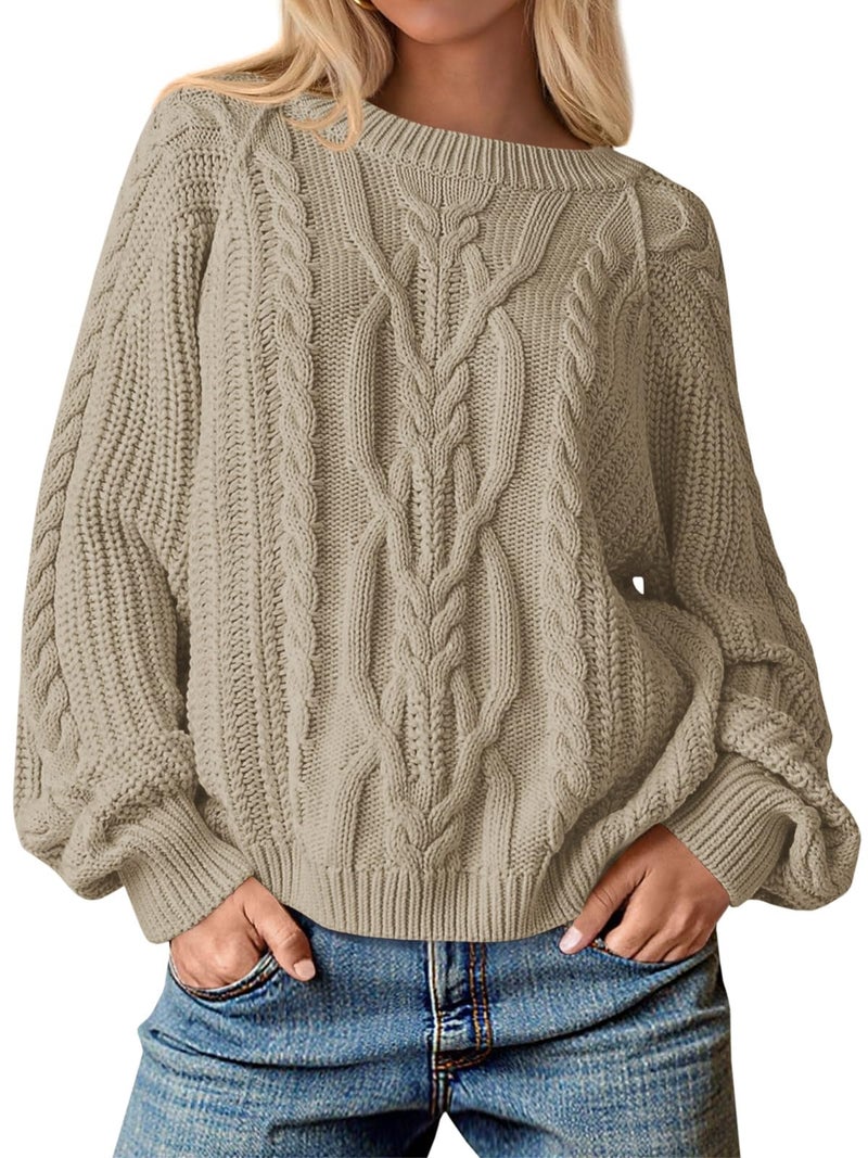 Cicy Bell Womens Oversized Cable Knit Sweaters Crew Neck Long Sleeve Fall Chunky Pullover Casual Loose Fit Sweater Tops Khaki - Image 1