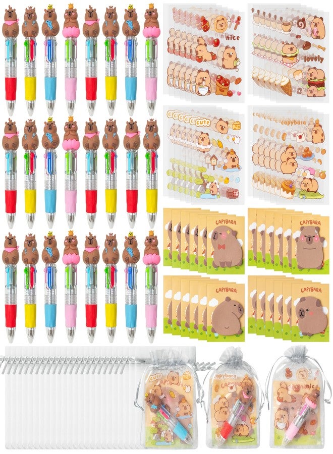 CY2SIDE Capybara Stationery Party Gift - 24 Pack Fun Animal Stationery Gifts Set Include 4-in-1 Ballpoint Pen Sticky Note Sticker and Organza Capybara Party Favor Goodie Bag Fillers for School Rewards - Image 1