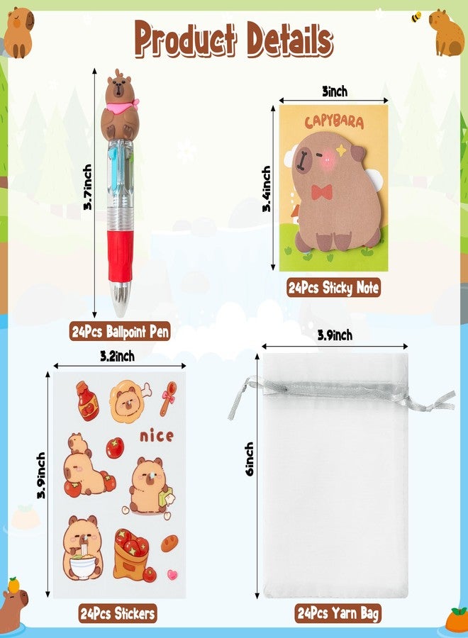 CY2SIDE Capybara Stationery Party Gift - 24 Pack Fun Animal Stationery Gifts Set Include 4-in-1 Ballpoint Pen Sticky Note Sticker and Organza Capybara Party Favor Goodie Bag Fillers for School Rewards - Image 2