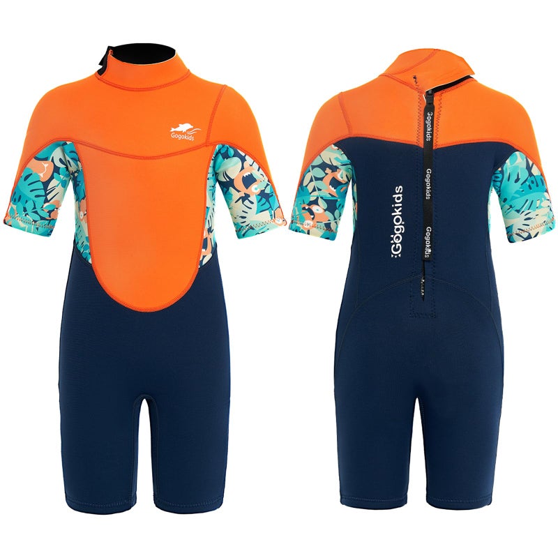 Gogokids Shorty Muta per Bambini, Mute in Neoprene da 2.5 mm per Bambini, Mute Bagnate Corte Con Cerniera Posteriore per Comfort e Calore, Muta UV per Nuoto, Snorkeling e Surf, EtÃ  7-8 Ragazzi, Orange - Image 1