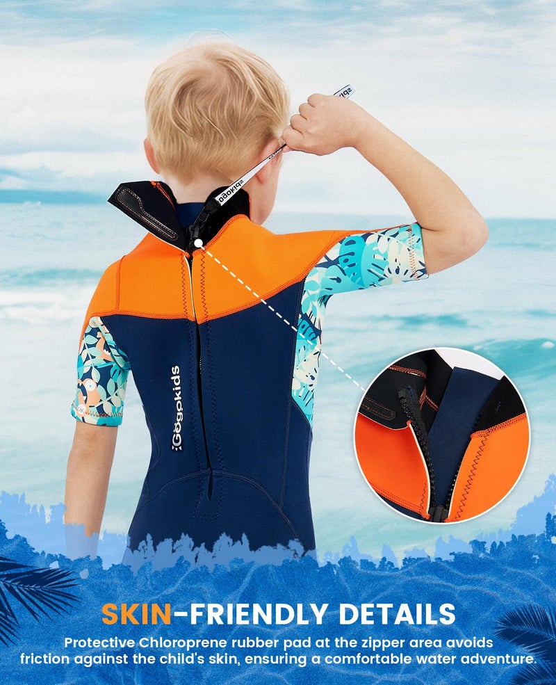 Gogokids Shorty Muta per Bambini, Mute in Neoprene da 2.5 mm per Bambini, Mute Bagnate Corte Con Cerniera Posteriore per Comfort e Calore, Muta UV per Nuoto, Snorkeling e Surf, EtÃ  7-8 Ragazzi, Orange - Image 3