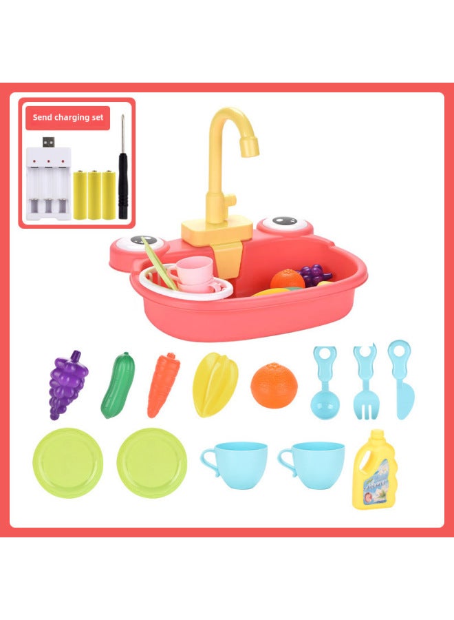 حوض غسيل خضروات على شكل ضفدع للأطفال، حوض غسيل الخضروات، دوران كهربائي، طاولة غسيل المياه، ألعاب تفاعلية - اللون: حوض غسيل ضفدع - وردي 【عبوة شحن】】 - Image 1