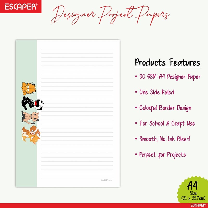 ESCAPER أوراق مصممة A4 – ورق كتابة 90 GSM – جانب واحد مسطر وجانب واحد فارغ – لمشاريع المدرسة، الواجبات، الاستخدام المكتبي والطباعة (تصميم كرتوني، 100 ورقة (25 لكل تصميم)) - Image 3