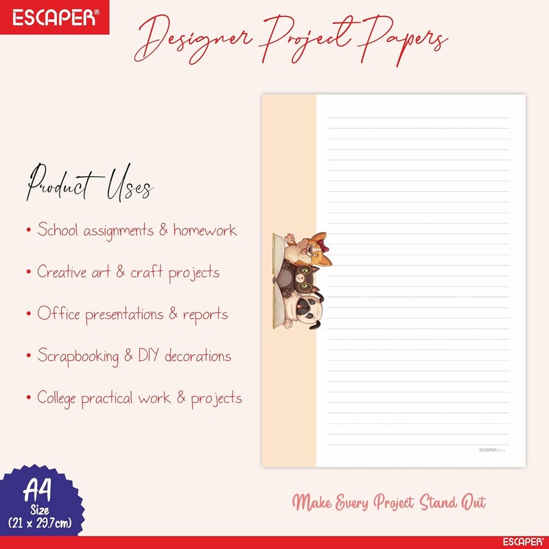 ESCAPER أوراق مصممة A4 – ورق كتابة 90 GSM – جانب واحد مسطر وجانب واحد فارغ – لمشاريع المدرسة، الواجبات، الاستخدام المكتبي والطباعة (تصميم كرتوني، 100 ورقة (25 لكل تصميم)) - Image 4