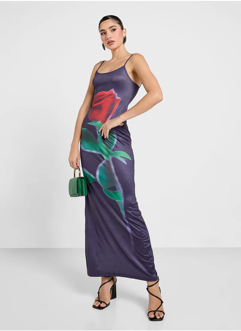 Ginger Strappy Rose Print Bodycon  Maxi Dress