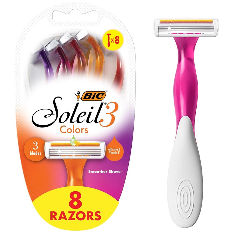 BIC Soleil 3 Colors Womens Disposable Razors With Aloe Vera and Vitamin E Lubricating Strip for Enhanced Glide With 3 Blades 8 Count