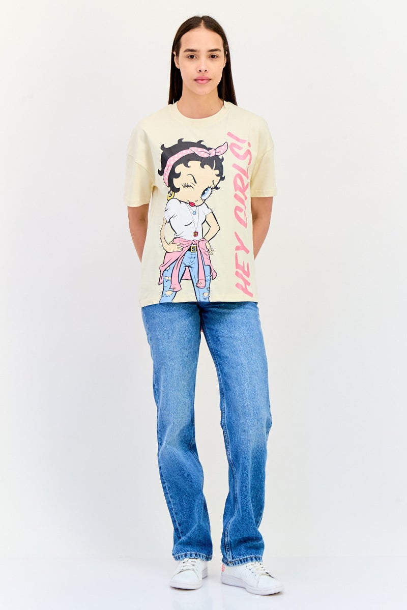 Fleischer Studios Women Crew Neck Short Sleeve Graphic Print T-Shirt, Beige - Image 3