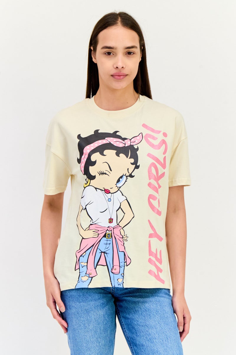 Fleischer Studios Women Crew Neck Short Sleeve Graphic Print T-Shirt, Beige - Image 1