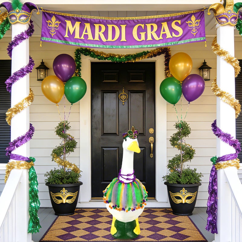BOARDFEB Mardi Gras Goose Outfit, Funny Porch Goose Costume Hat and Bow Tie for Spring Garden Lawn, 3-Piece Purple Gold Green Carnival Theme Costume for Mardi Gras Holiday - Image 5