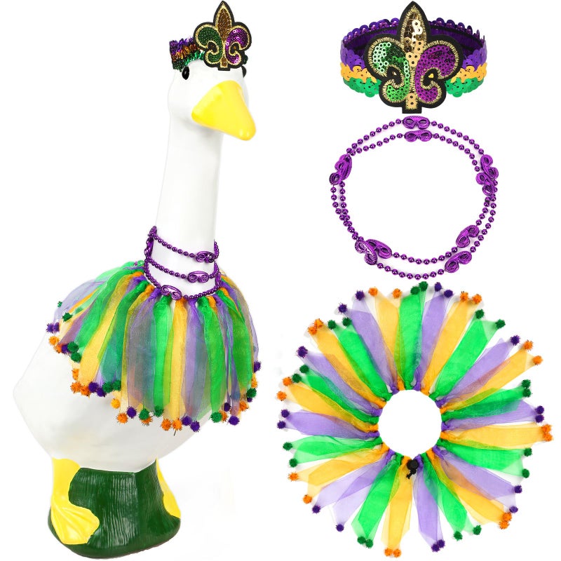BOARDFEB Mardi Gras Goose Outfit, Funny Porch Goose Costume Hat and Bow Tie for Spring Garden Lawn, 3-Piece Purple Gold Green Carnival Theme Costume for Mardi Gras Holiday - Image 1