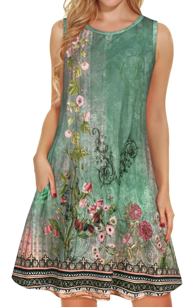 elescat Womens Summer Dresses Sleeveless Casual Tshirt Pocket Sundress Swing Beach Cover Up(Green Flroal, L) - Image 1