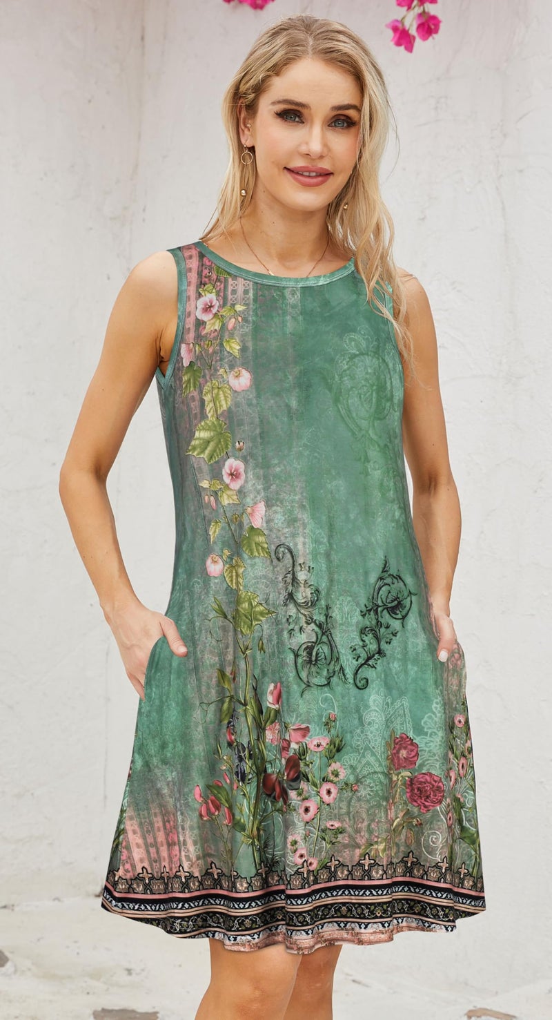 elescat Womens Summer Dresses Sleeveless Casual Tshirt Pocket Sundress Swing Beach Cover Up(Green Flroal, L) - Image 2