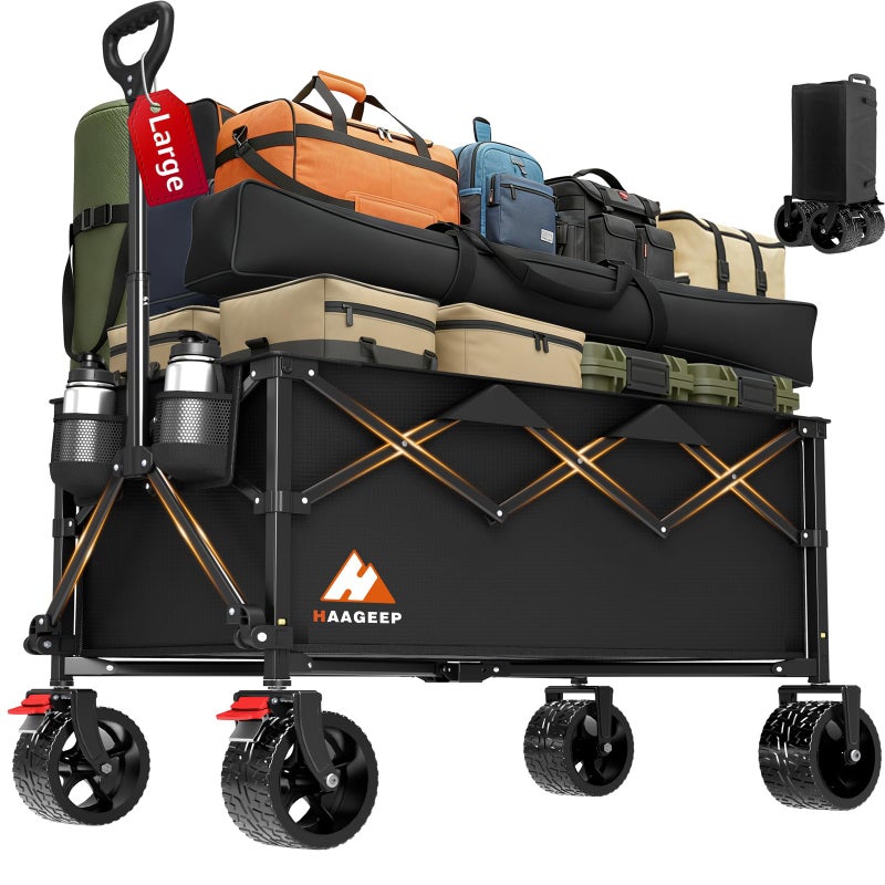 HAAGEEP Collapsible Wagon Cart with Wheels Foldable - Folding Utility Heavy Duty Wagons Carts for Grocery Sports Garden Shopping Camping Wheelbarrows (Black, 220L) - Image 1
