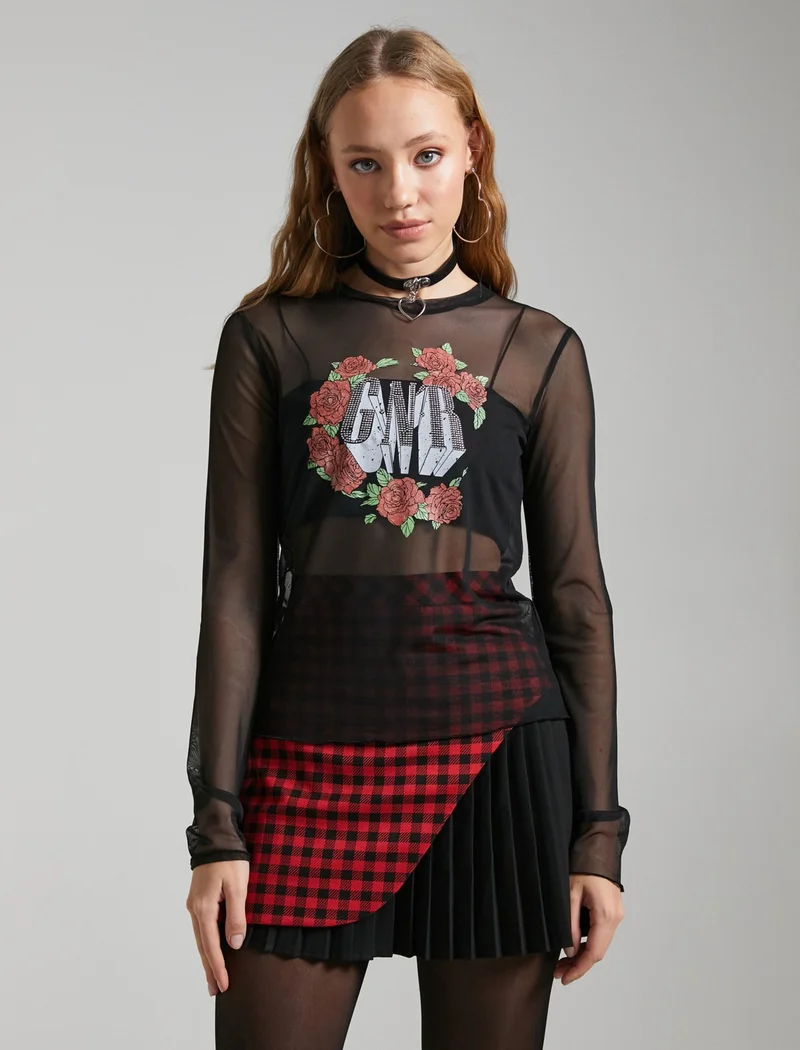 KOTON Guns N' Roses Licensed Printed Transparent T-Shirt Long Sleeve