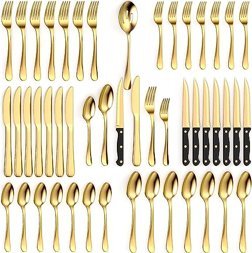 Tribal Cooking 49 Piece Gold Silverware Set - Service for 8 - Stainless Steel Gold Flatware serving set - Cutlery Set - Knives, Fork, and Spoon - Dishwasher Safe - Stunning Polished Finish - Image 1