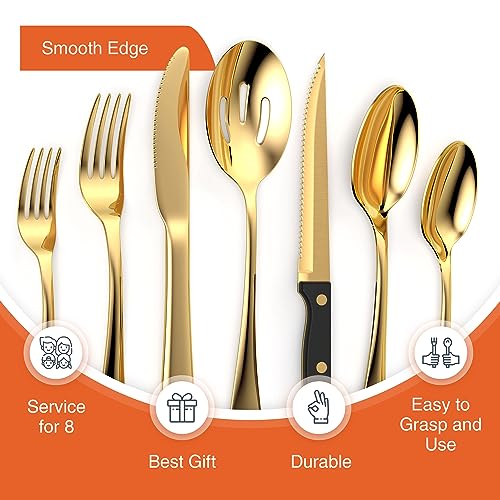 Tribal Cooking 49 Piece Gold Silverware Set - Service for 8 - Stainless Steel Gold Flatware serving set - Cutlery Set - Knives, Fork, and Spoon - Dishwasher Safe - Stunning Polished Finish - Image 4