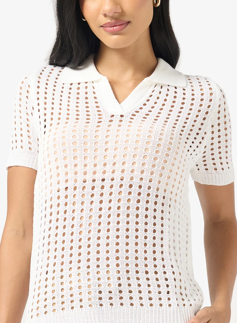 Ginger Knitted Openwork Collared Top
