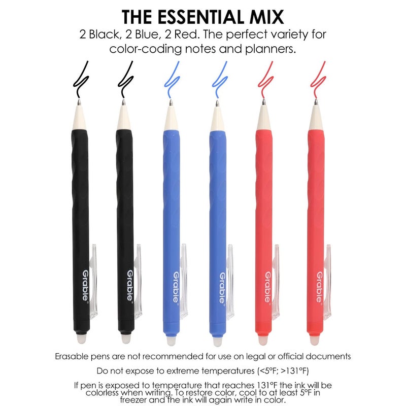 Grabie Erasable Gel Pens, Medium Point 0.7 mm Erasable Pens, Make Mistakes Disappear for Drawing Writing Planner, Pack of 6, Black/Blue/Red - Image 2