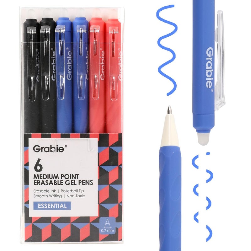 Grabie Erasable Gel Pens, Medium Point 0.7 mm Erasable Pens, Make Mistakes Disappear for Drawing Writing Planner, Pack of 6, Black/Blue/Red - Image 1