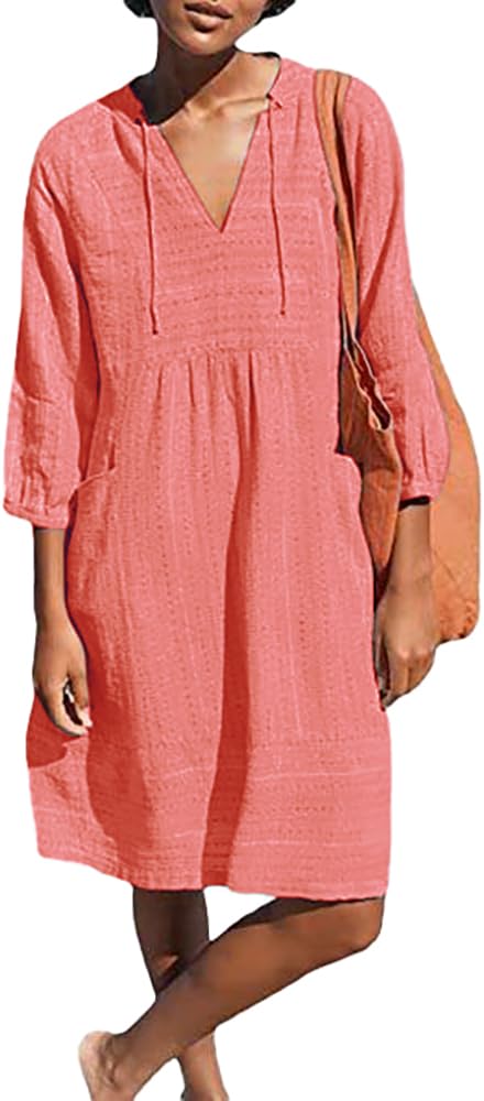 Lafural Womens V Neck Cotton Casual Loose Shift Tunic Smock Summer Dresses Vacation Dress 3/4 Sleeve Pocket Coral L - Image 1