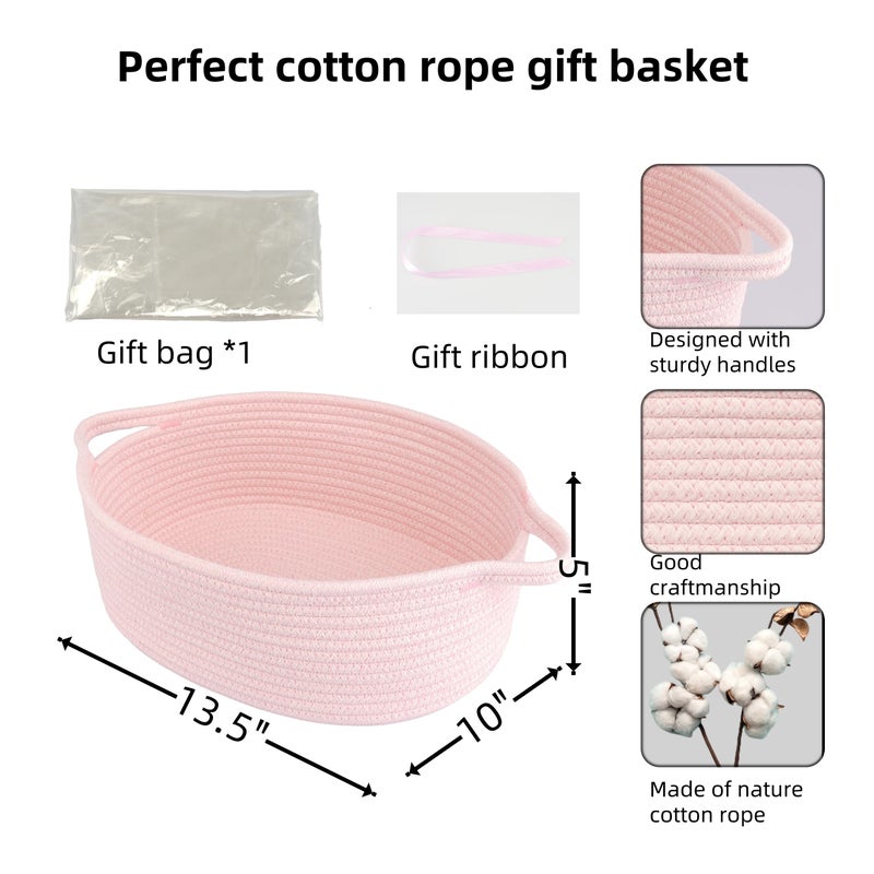 JUNBOLE Baby Gifts Basket Empty with Gifts Bag and Ribbon13â€x10â€x5â€ Gift Baskets to Fill Easter Baskets Birthday Baskets Small Woven Cotton Rope Basket Baby Toy Baske pink, large - Image 2