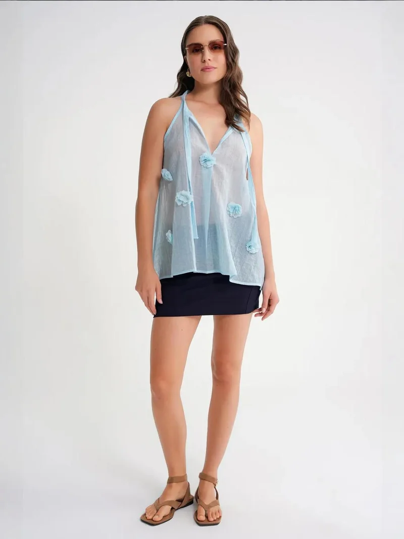 MixRay Mixray V-Neck Tie Closure Ruffle Blouse