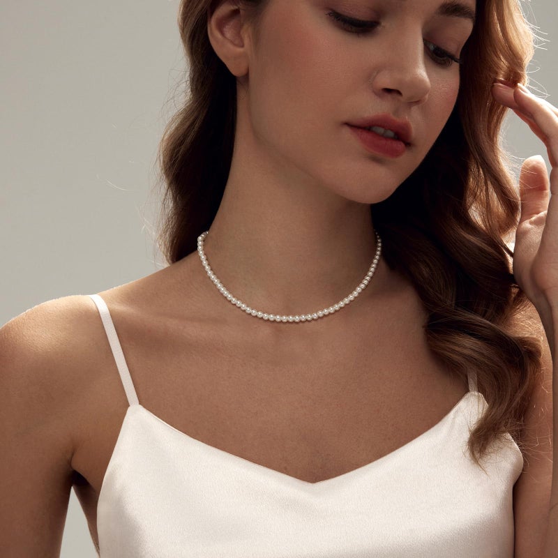 Zeffy Pearl Necklace for Women, 4MM Dainty Round Imitation Pearl Choker Necklace Wedding Delicate Jewelry for Women Simple Bridesmaid Jewelry Gifts - Image 3