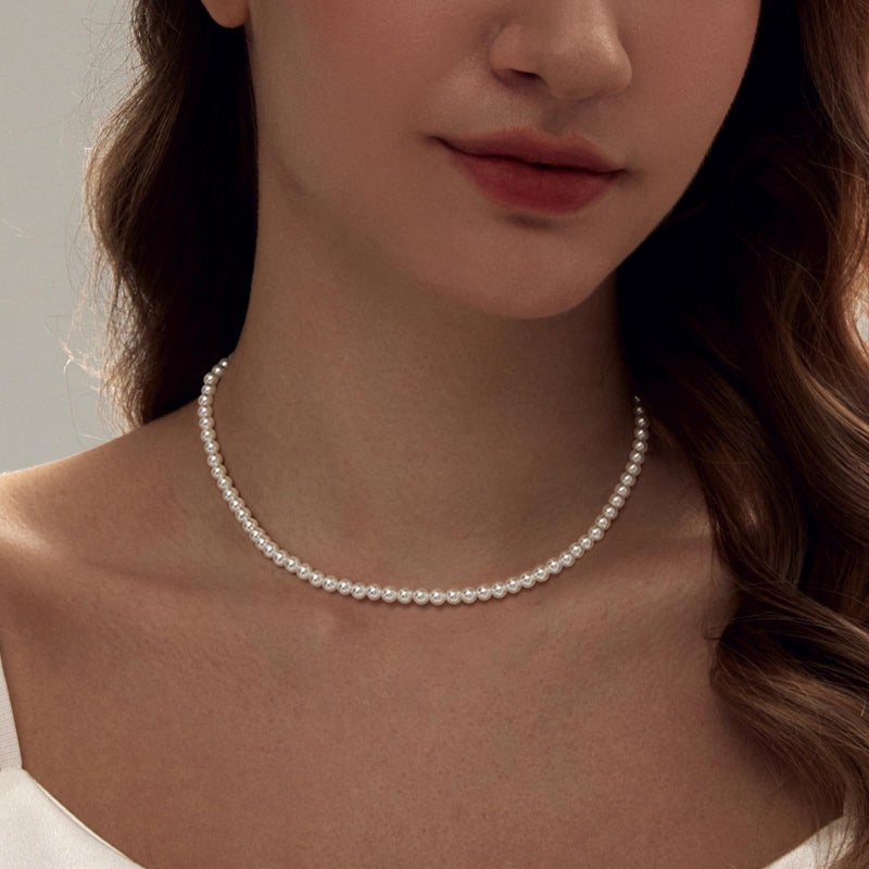 Zeffy Pearl Necklace for Women, 4MM Dainty Round Imitation Pearl Choker Necklace Wedding Delicate Jewelry for Women Simple Bridesmaid Jewelry Gifts - Image 2