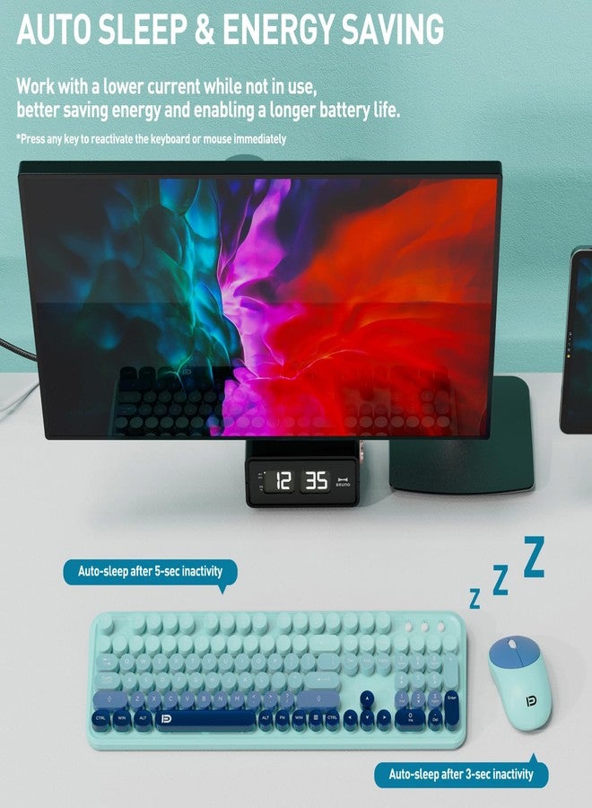 لوحة مفاتيح وماوس لاسلكيان، بتردد 2.4 جيجاهرتز، بتصميم آلة كاتبة كلاسيكية مع أغطية مفاتيح دائرية، طقم لوحة مفاتيح وماوس لاسلكي كامل الحجم، طقم لوحة مفاتيح وماوس لاسلكي أنيق لأجهزة الكمبيوتر المكتبية والمحمولة - أزرق وأسود متعدد الألوان - Image 4