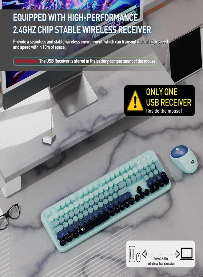 لوحة مفاتيح وماوس لاسلكيان، بتردد 2.4 جيجاهرتز، بتصميم آلة كاتبة كلاسيكية مع أغطية مفاتيح دائرية، طقم لوحة مفاتيح وماوس لاسلكي كامل الحجم، طقم لوحة مفاتيح وماوس لاسلكي أنيق لأجهزة الكمبيوتر المكتبية والمحمولة - أزرق وأسود متعدد الألوان - Image 2