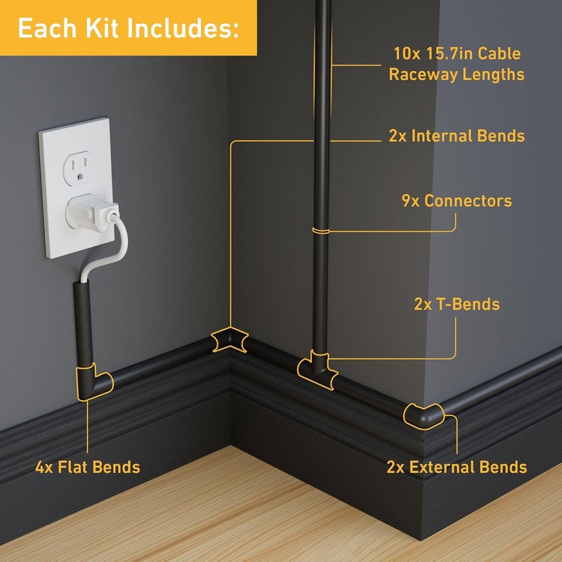 D-Line 157in Cord Hider Kit, Patented Cable Cover, Hide Wires on Wall, Channel for TV Mount Cords, Raceway Wire Hiders, Paintable, Adhesive, Half Round, 10x 0.78in W x 0.39in H x 15.7in L, Black - Image 2