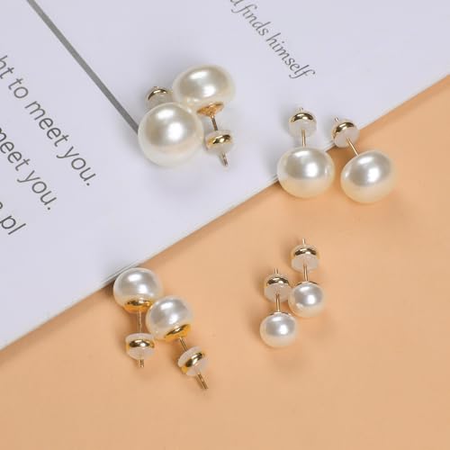 Sanglarst Pearl Stud Earrings 14K Plated Gold Sterling Silver Hypoallergenic Earring Stud Flat Round Large Size Simulated Pearl Earrings for Women (12mm) - Image 4