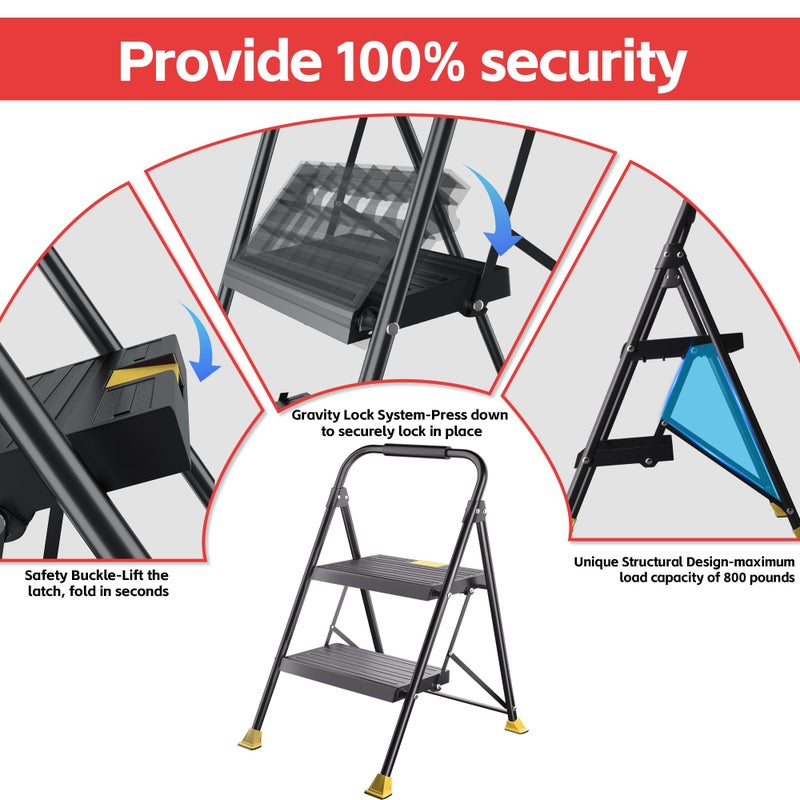 DIAMONDFORGE Foldable Stepstool Stair Ladders - 2-Stepping Extension Tall Heavy Duty with Handrails, 800Lbs for Home Adults Kitchen, Closet Indoor House Extendable Step Ladder Stool - Image 2