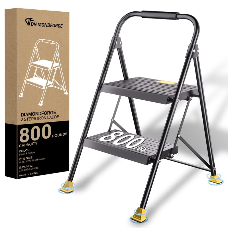 DIAMONDFORGE Foldable Stepstool Stair Ladders - 2-Stepping Extension Tall Heavy Duty with Handrails, 800Lbs for Home Adults Kitchen, Closet Indoor House Extendable Step Ladder Stool - Image 1