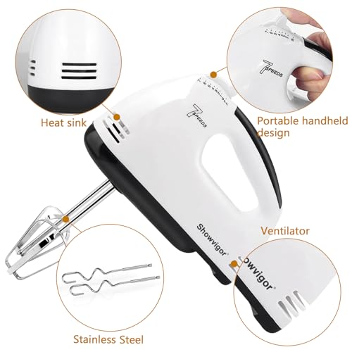 Showvigor Electric Hand mixer - 7 Adjustable Speed 180W Handheld Mixer Electric Whisk with 5 Stainless Steel Accessories, Turbo Boost/Self-Control Speed + Eject Button Food Beater for Cakes Eggs, Off-white - Image 3