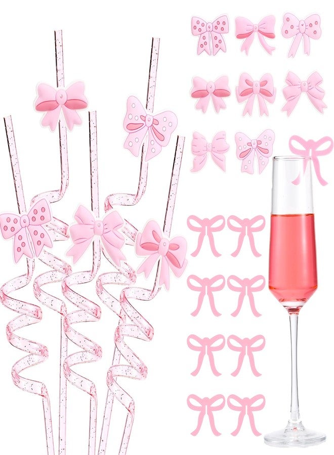 جيديف مجموعة جاديف من 56 قطعة من شفاطات الشرب الوردية المزينة بفيونكات لامعة، شفاطات بلاستيكية حلزونية قابلة لإعادة الاستخدام مع علامات للمشروبات، مثالية لحفلات أعياد الميلاد، وحفلات توديع العزوبية، وحفلات الزفاف، وحفلات استقبال المولود الجديد. - Image 1