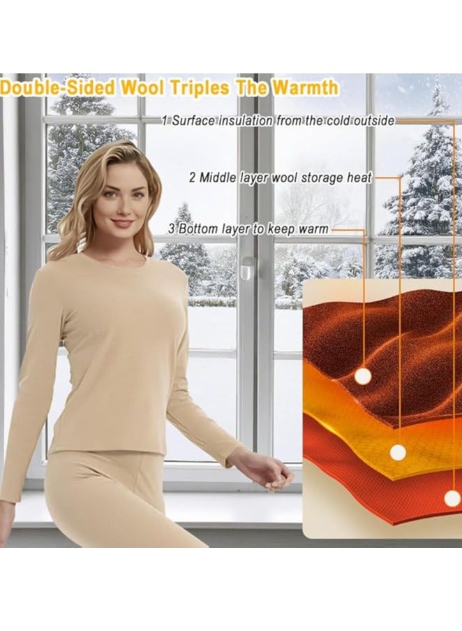 Women's Thermal Underwear Set Long Johns Long Johns Women's Wool Silk Thermal Underwear Base Pajamas Set Skin Color M - Image 3