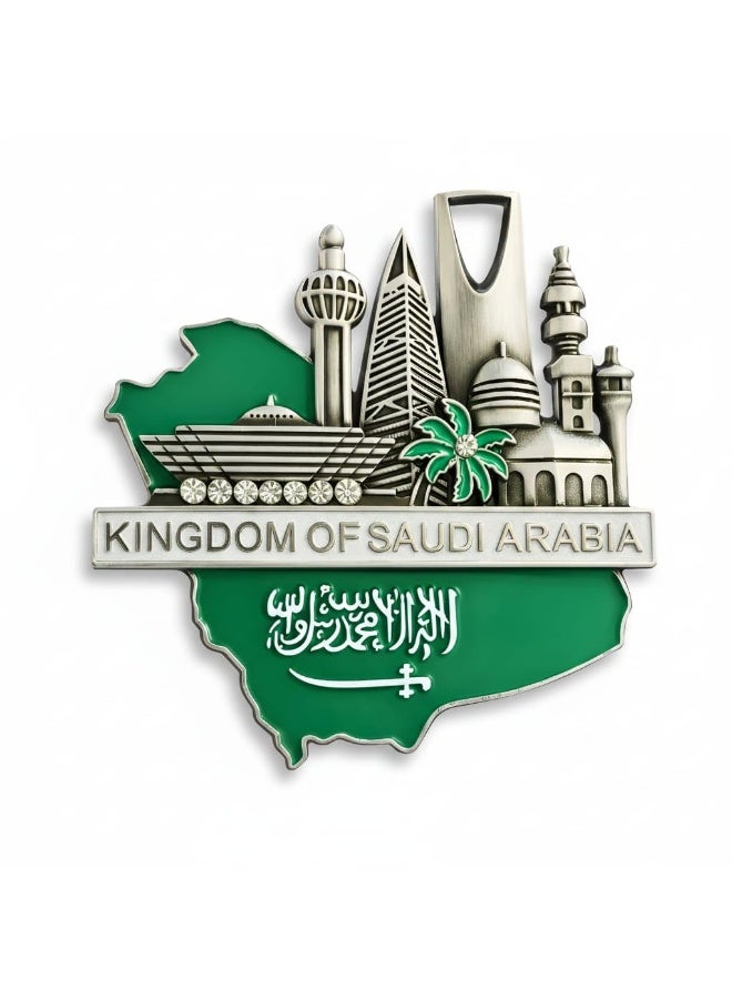 هدايا تذكارية عربية مغناطيس ثلاجة معدني ثلاثي الابعاد فاخر - هدية تذكارية للمملكة العربية السعودية | لمسة نهائية فضية فاخرة مع خريطة وطنية وافق الرياض الشهير | هدية قابلة للتجميع بتصميم علم المملكة العربية السعودية - Image 1